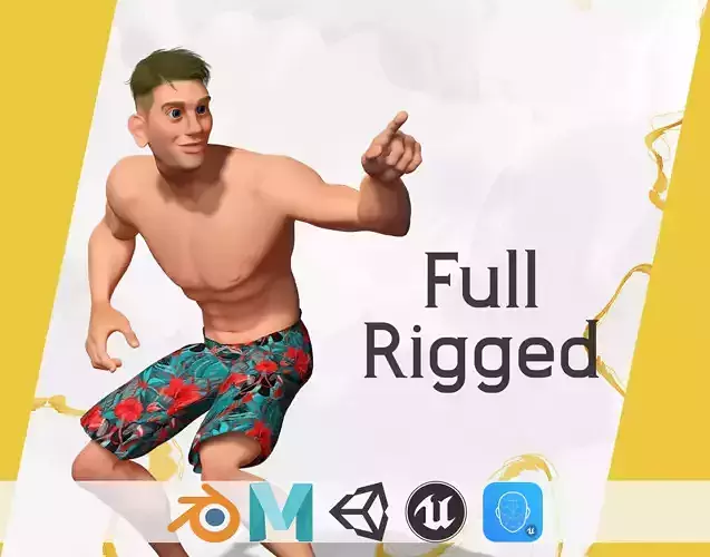 Cartoon young man in Swimming Trunks semi-realistic rendering Low-poly 3D model