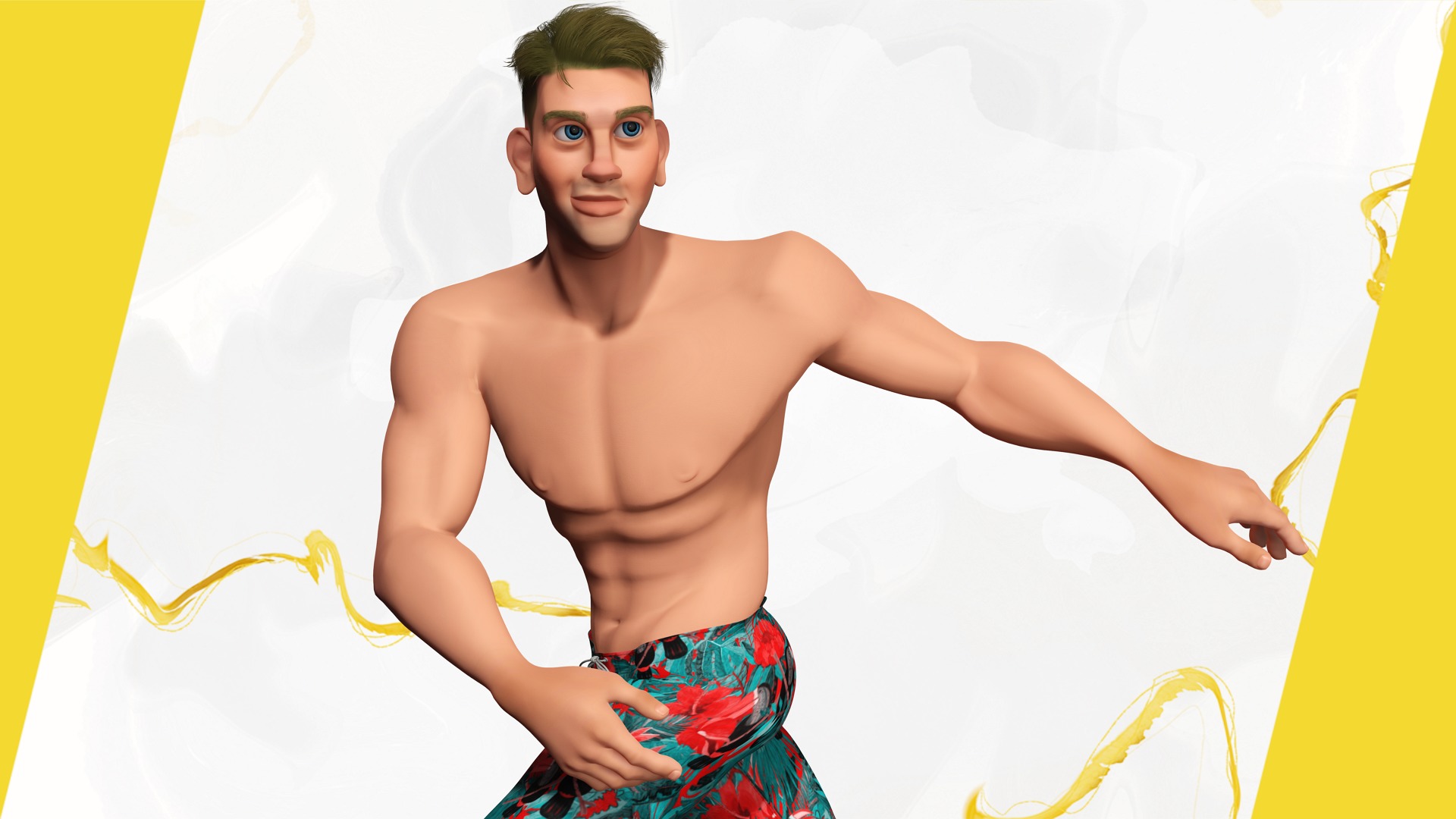 Cartoon young man in Swimming Trunks semi-realistic rendering Low-poly 3D model_8