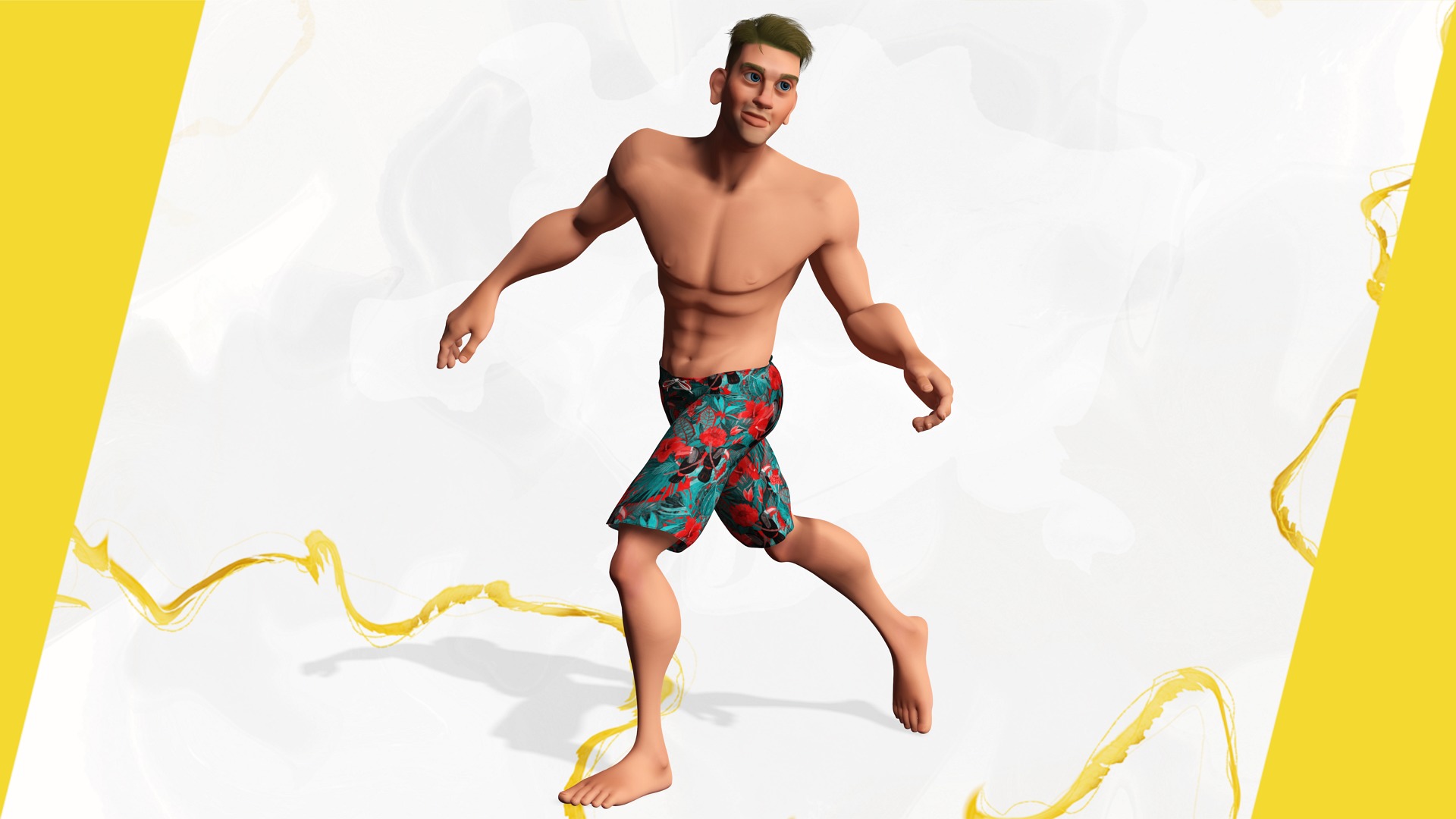 Cartoon young man in Swimming Trunks semi-realistic rendering Low-poly 3D model_7
