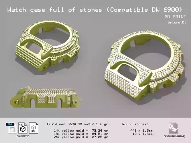 Watch case full of stones compatible with DW-6900 3D print model