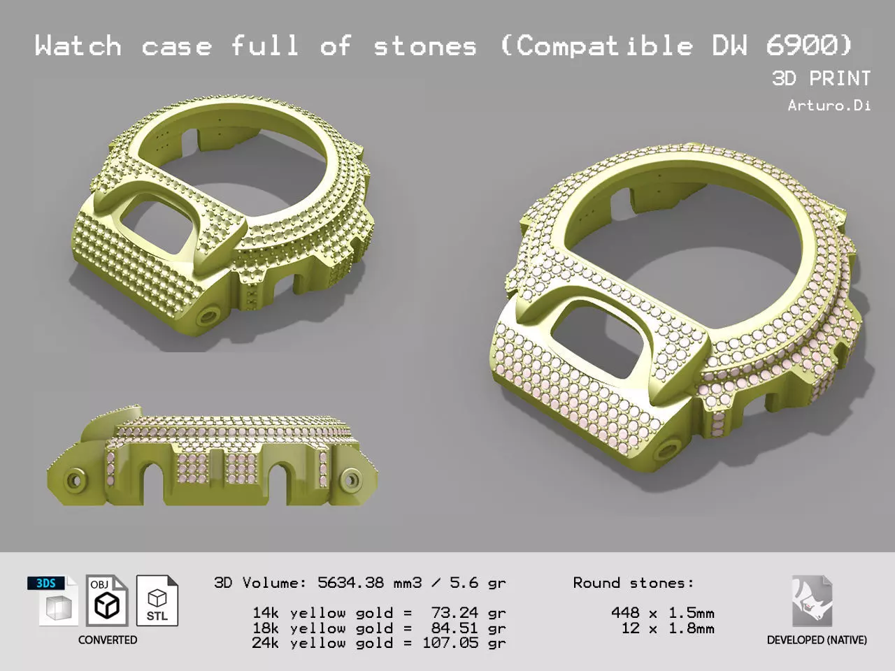 Watch case full of stones compatible with DW-6900 3D print model_0