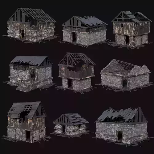 BURNED STONE HOUSES RUIN DESTROYED COTTAGE OLD AAA COLLECTION Low-poly 3D model