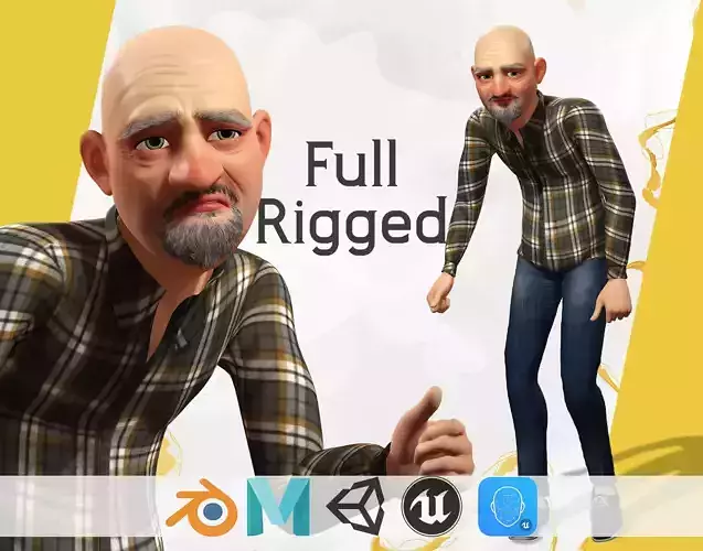 Elderly man 3d character cartoon Low-poly 3D model