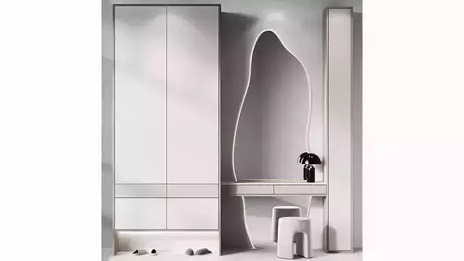 Hallway furniture composition with a fugured shape mirror