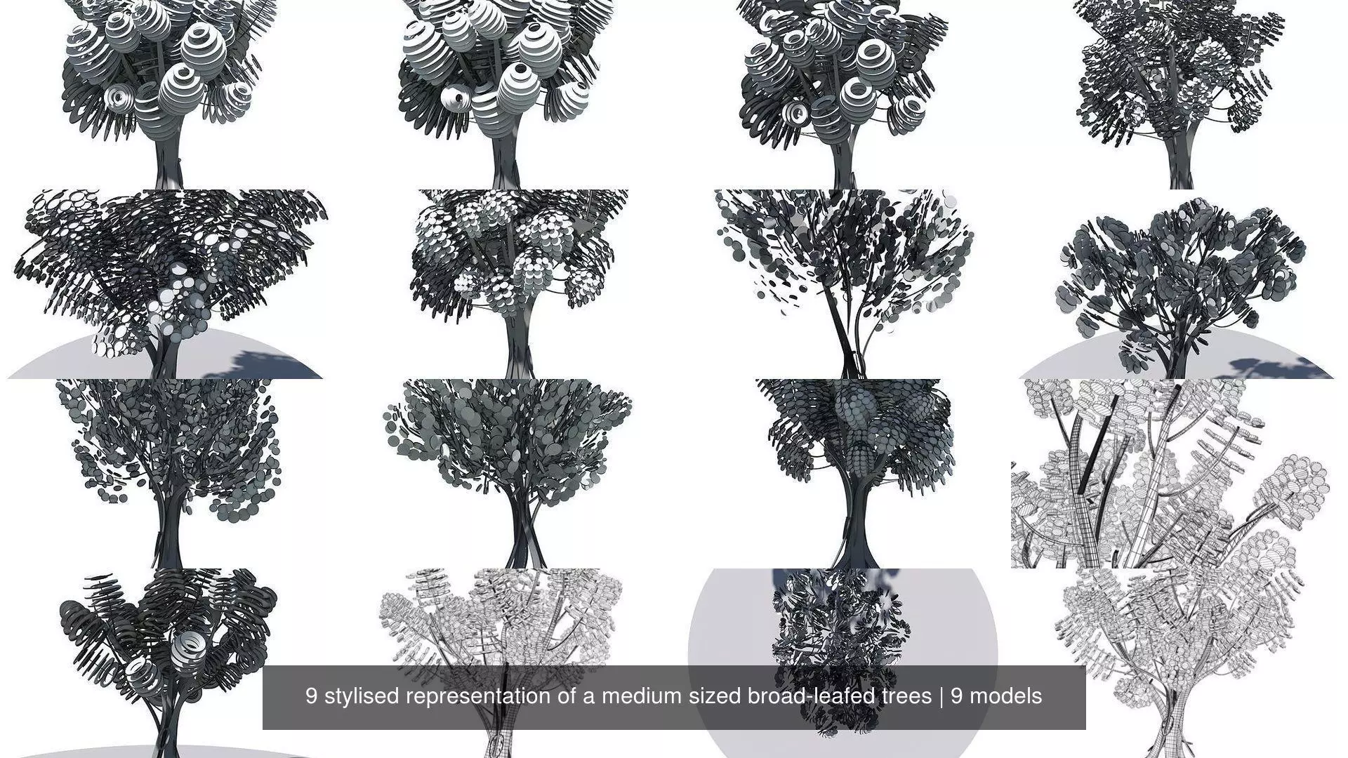 9 stylised representation of a medium sized broad-leafed trees 3D Model Collection_0