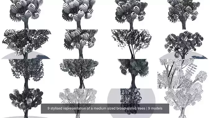 9 stylised representation of a medium sized broad-leafed trees 3D Model Collection