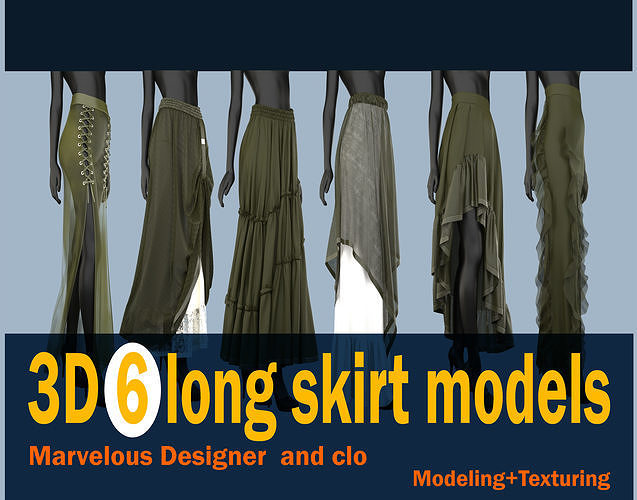 6 long skirt models 3D model