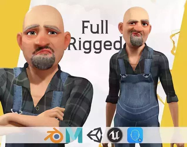 country man character cartoon semi-realistic sculpture Low-poly 3D model