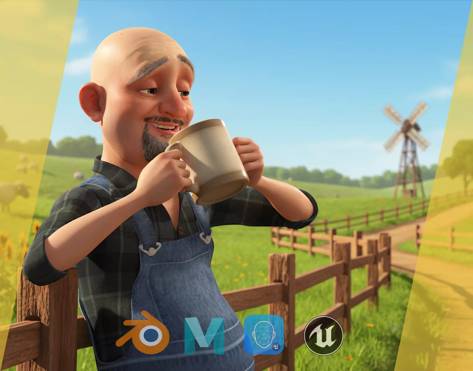 country man character cartoon semi-realistic sculpture Low-poly 3D model_0