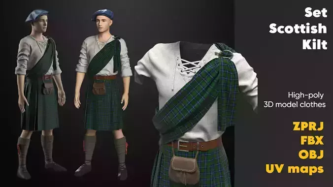 3D model Clothing high-poly Scottish kilt Costume