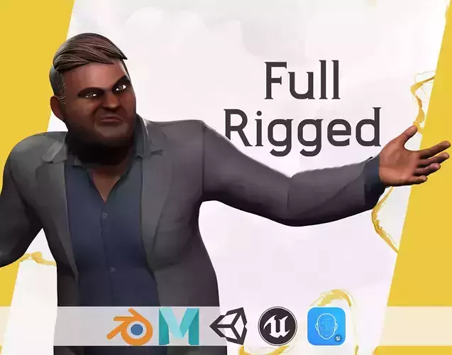 Elegant Black Man standing cartoon  high-quality character Low-poly 3D model
