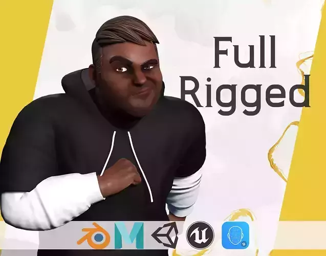 cartoon black man wearing hoodie realistic stylization Low-poly 3D model