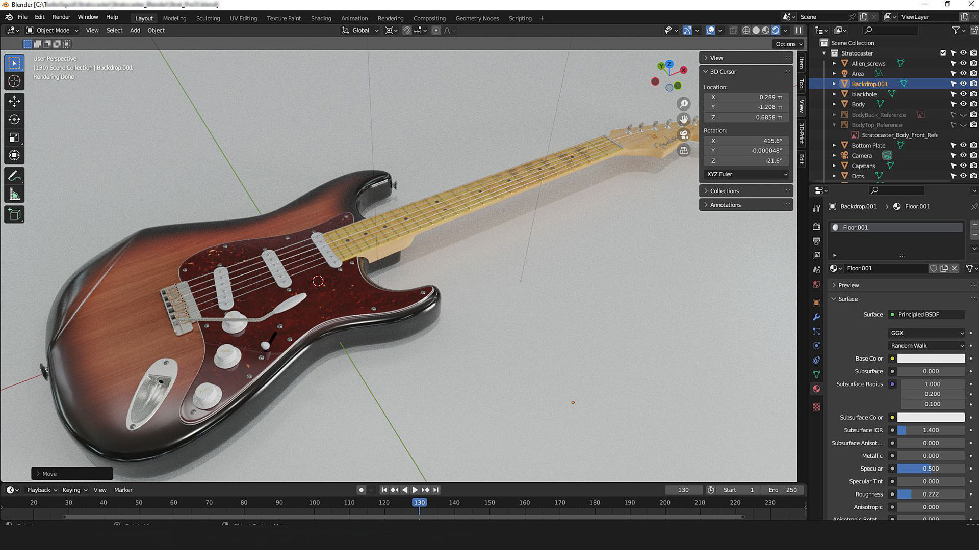Fender Stratocaster in three tone Sunburst body color scheme 3D model_6
