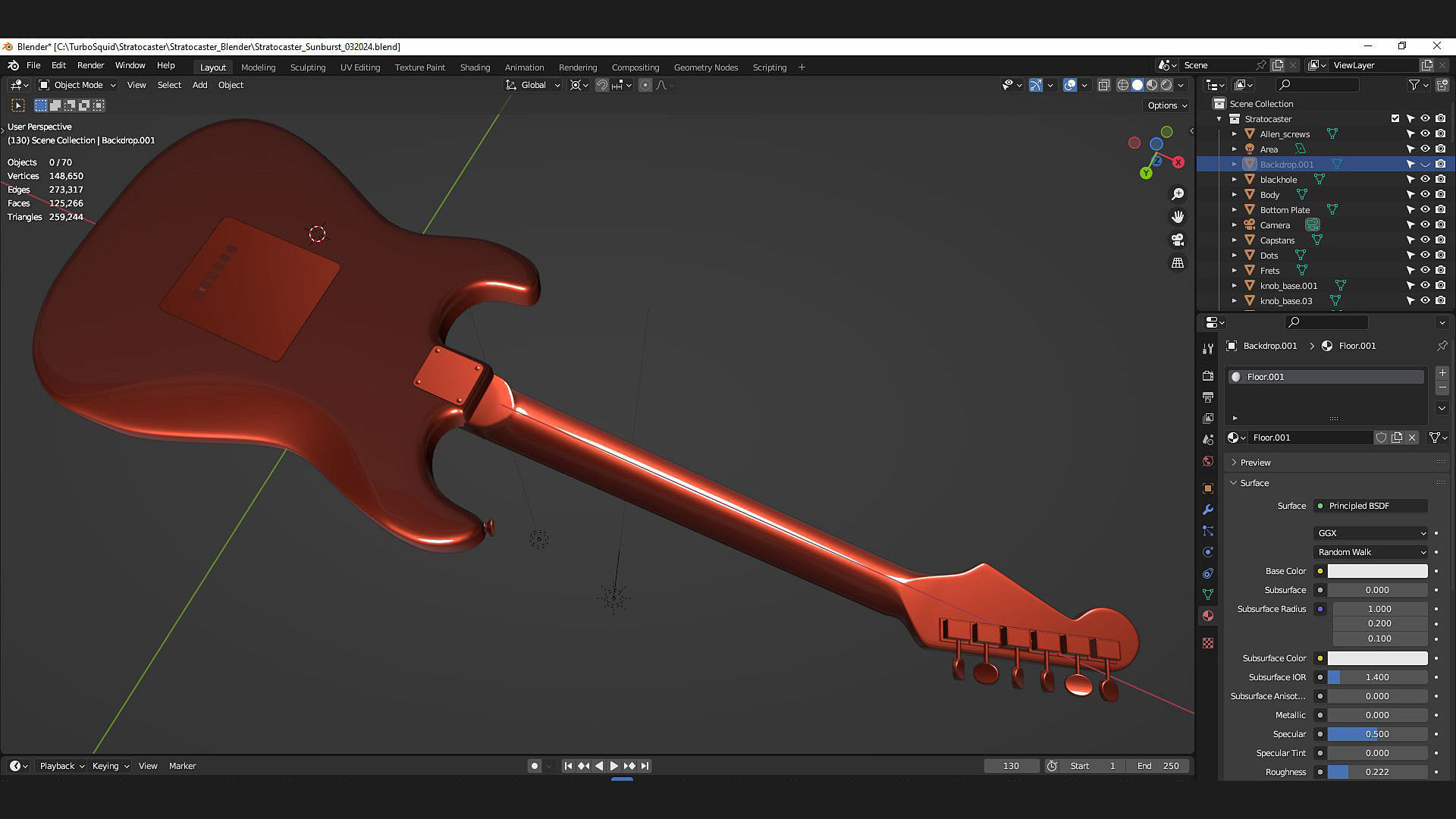 Fender Stratocaster in three tone Sunburst body color scheme 3D model_12