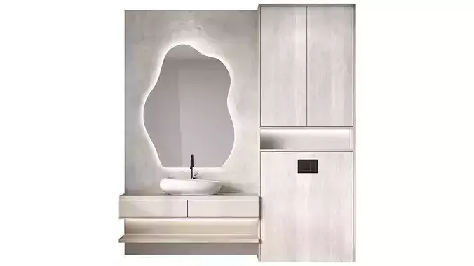 bathroom kit with organic shape mirror minimal furniture