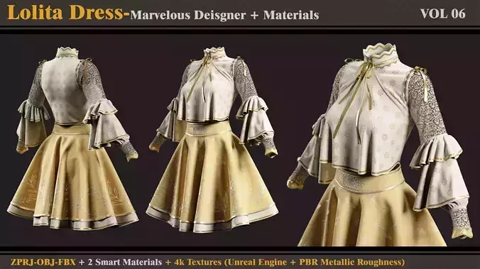 Lolita Dress -MD-Clo3d-Smart Material-Textures-OBJ-FBX