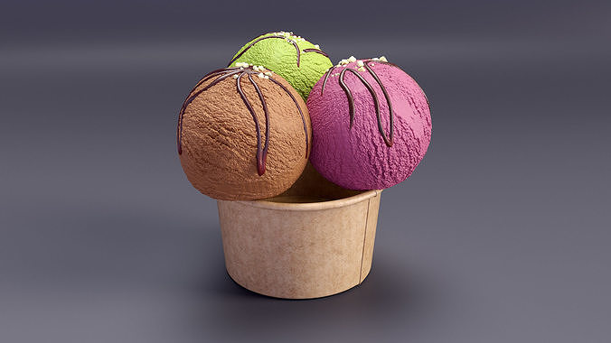 Multicolored Ice Cream Balls with Nuts in Cardboard Cup 3D model 3