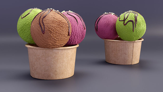 Multicolored Ice Cream Balls with Nuts in Cardboard Cup 3D model 2