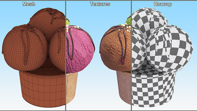 Multicolored Ice Cream Balls with Nuts in Cardboard Cup 3D model 7