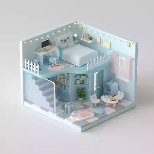 isometric cartoon powder blue loft bedroom apartment