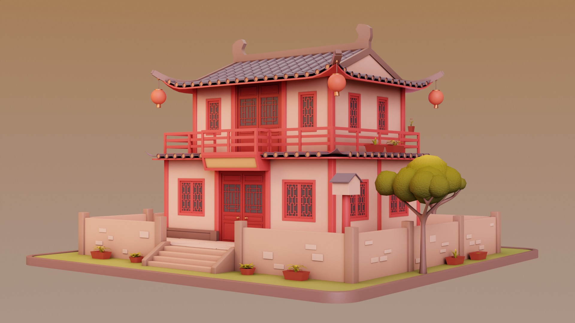 Stylized Chinese House 02 Low-poly 3D model_2