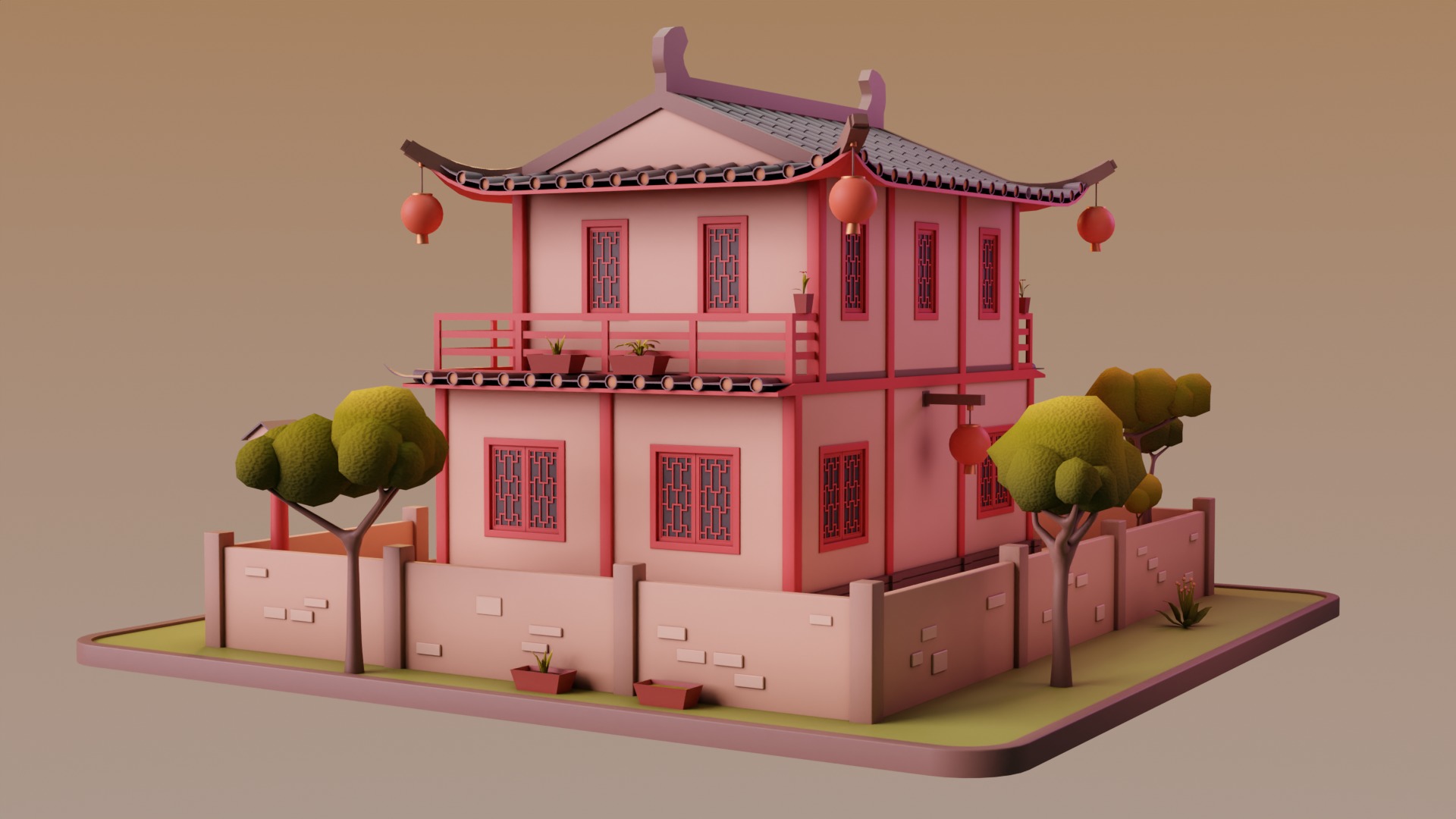 Stylized Chinese House 02 Low-poly 3D model_4