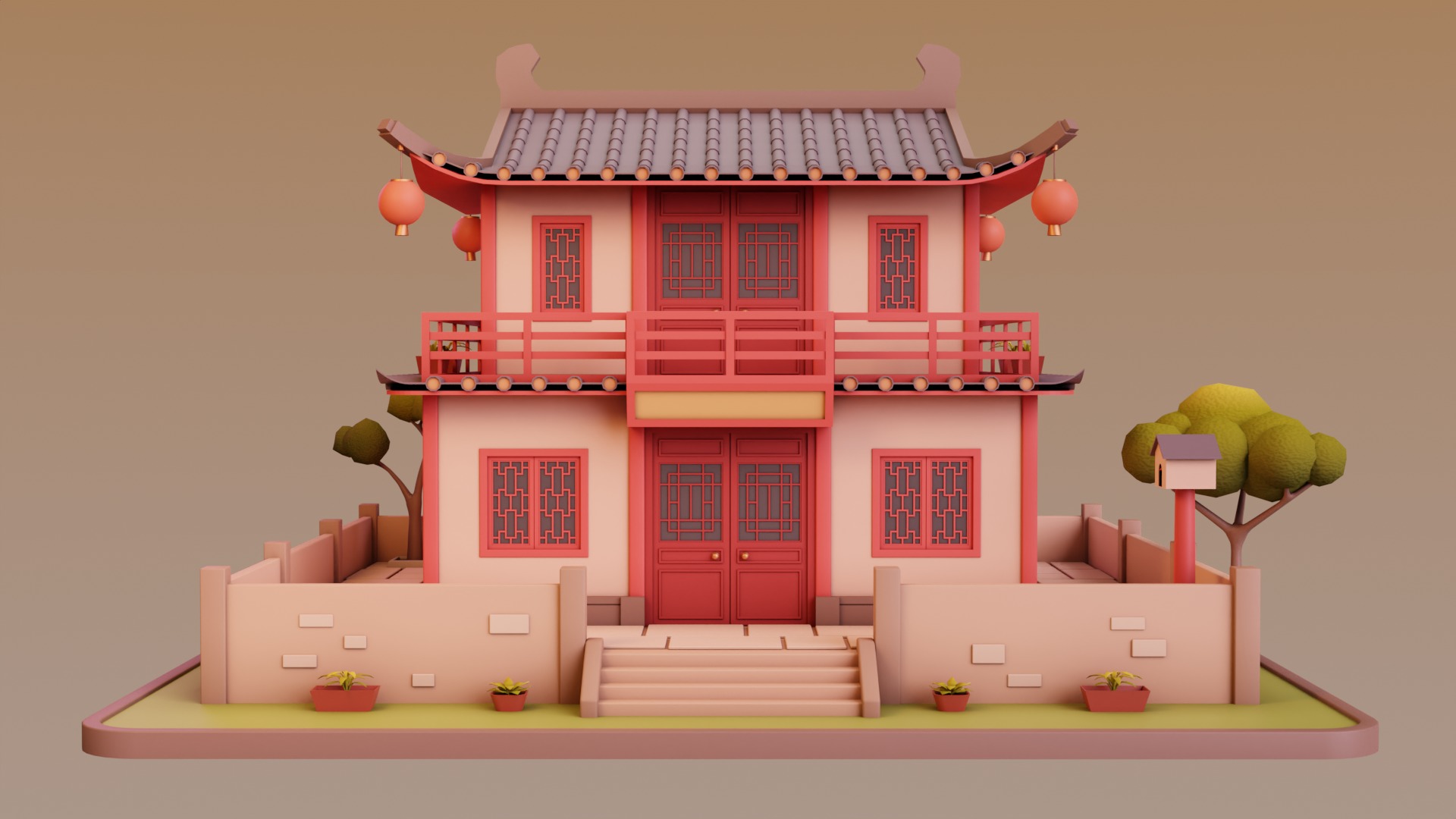 Stylized Chinese House 02 Low-poly 3D model_3