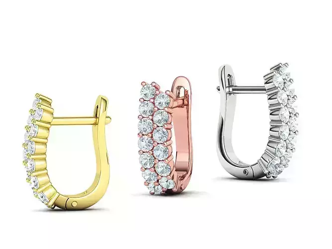 2 Rows Diamond Earrings 2mm stones 13gems Huggie Earrings  3D print model