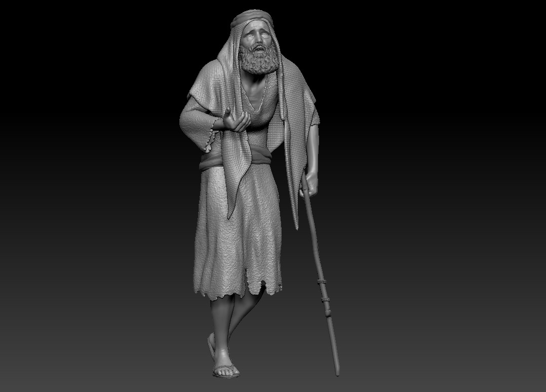 An elderly beggar with a crutch - printable 3D print model_1