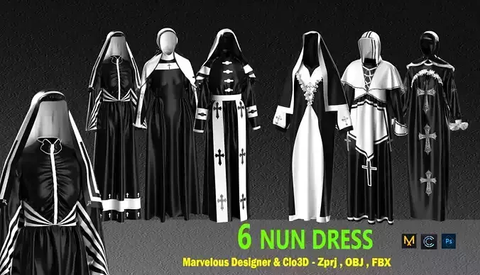 6 NUN DRESS DESIGNED IN MARVELOUS DESIGNER AND CLO3D 3D model