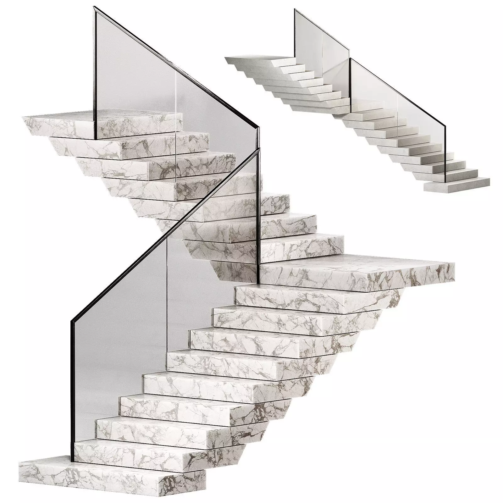 Modern Stairs Stone steps Metal glass railing marble concrete 3D model_0