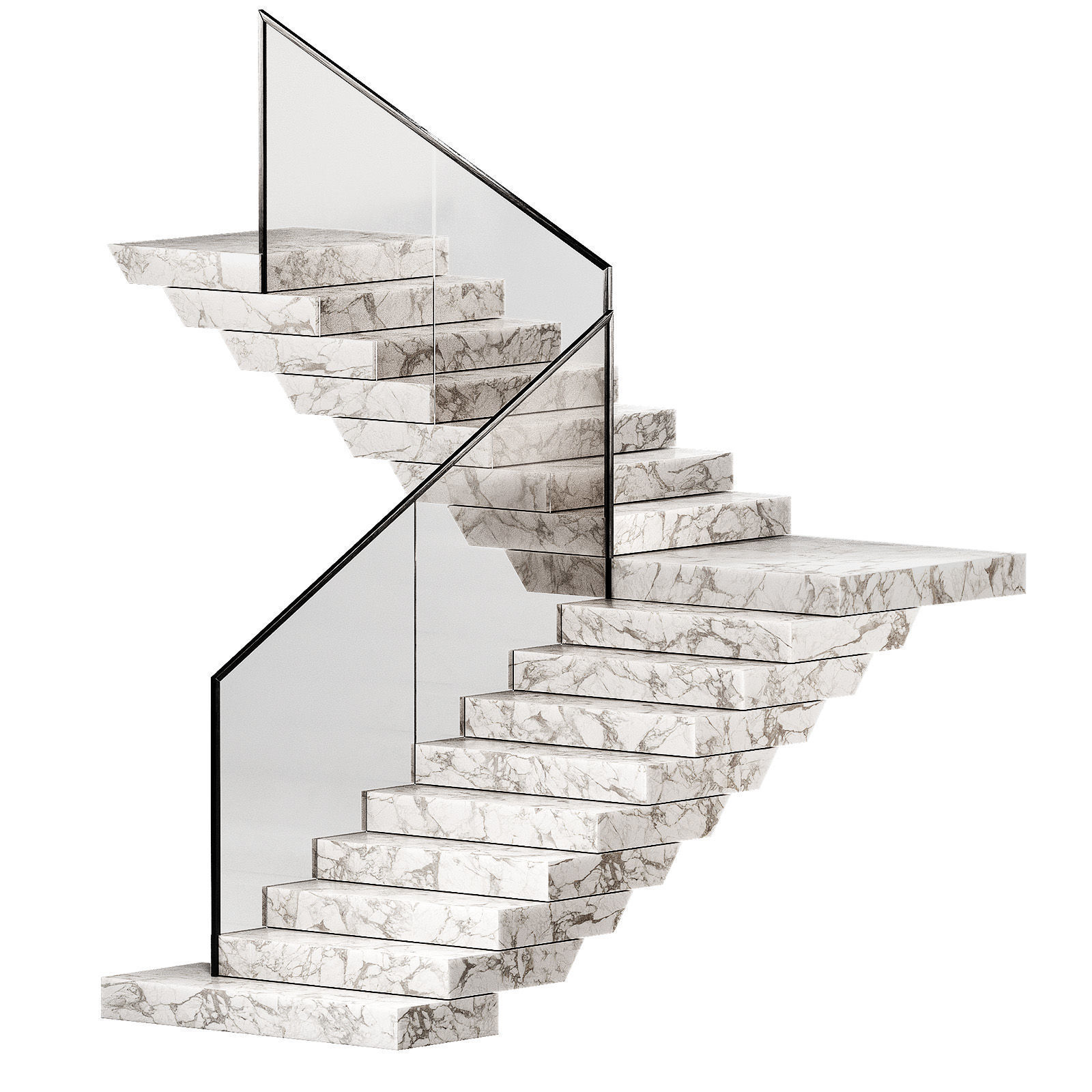 Modern Stairs Stone steps Metal glass railing marble concrete 3D model_4