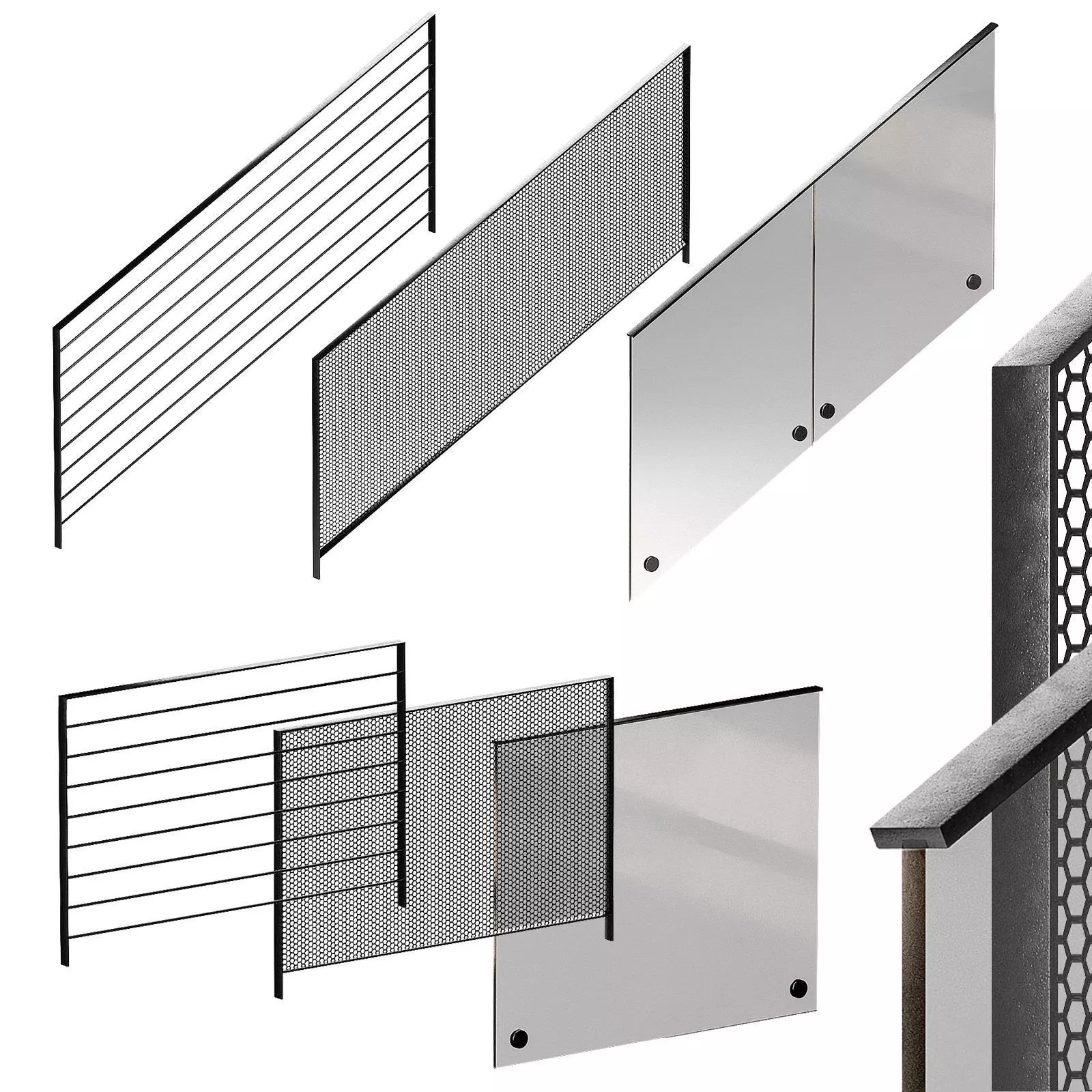 Modern metal railings 3 design options Editable splines option 3D model_0