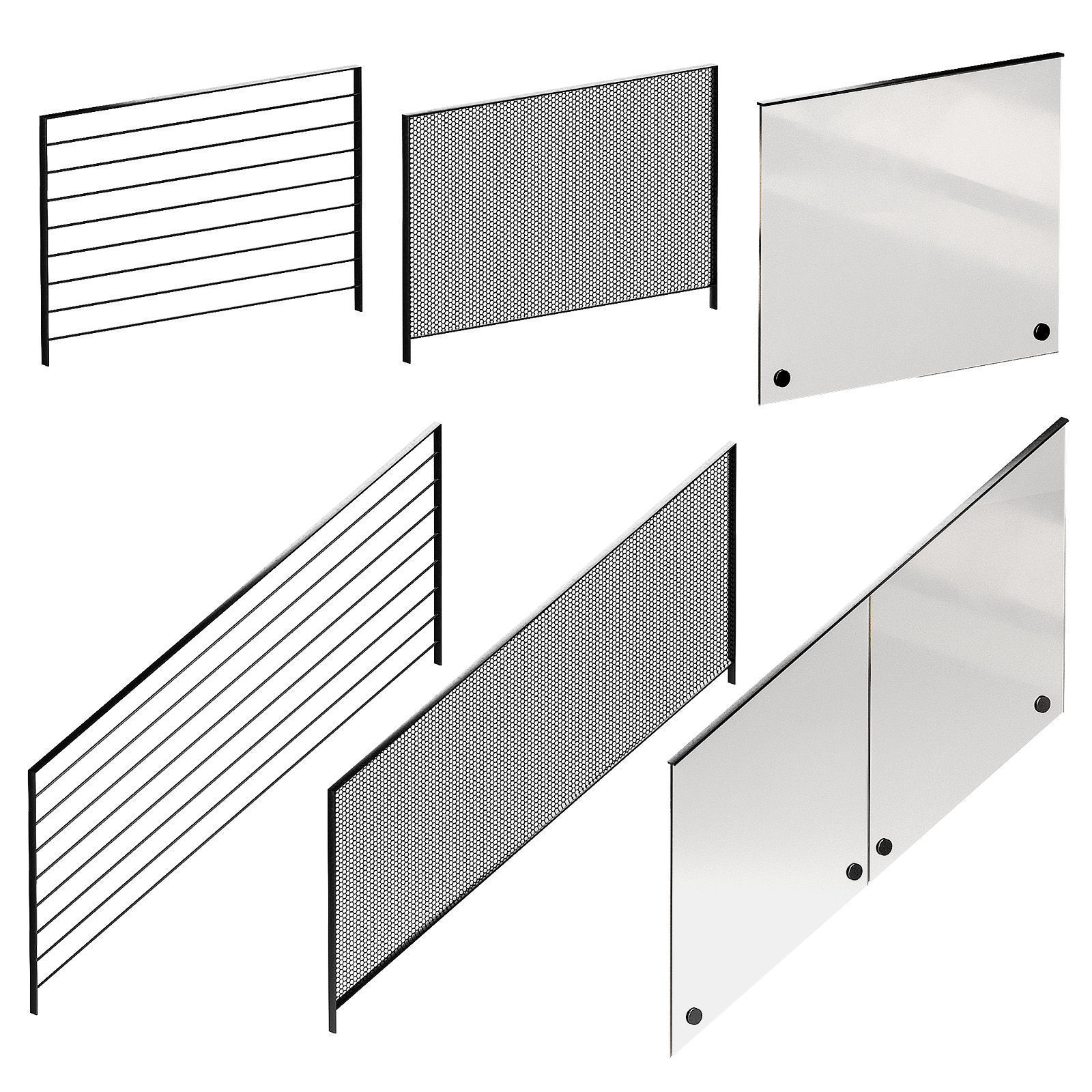 Modern metal railings 3 design options Editable splines option 3D model_1