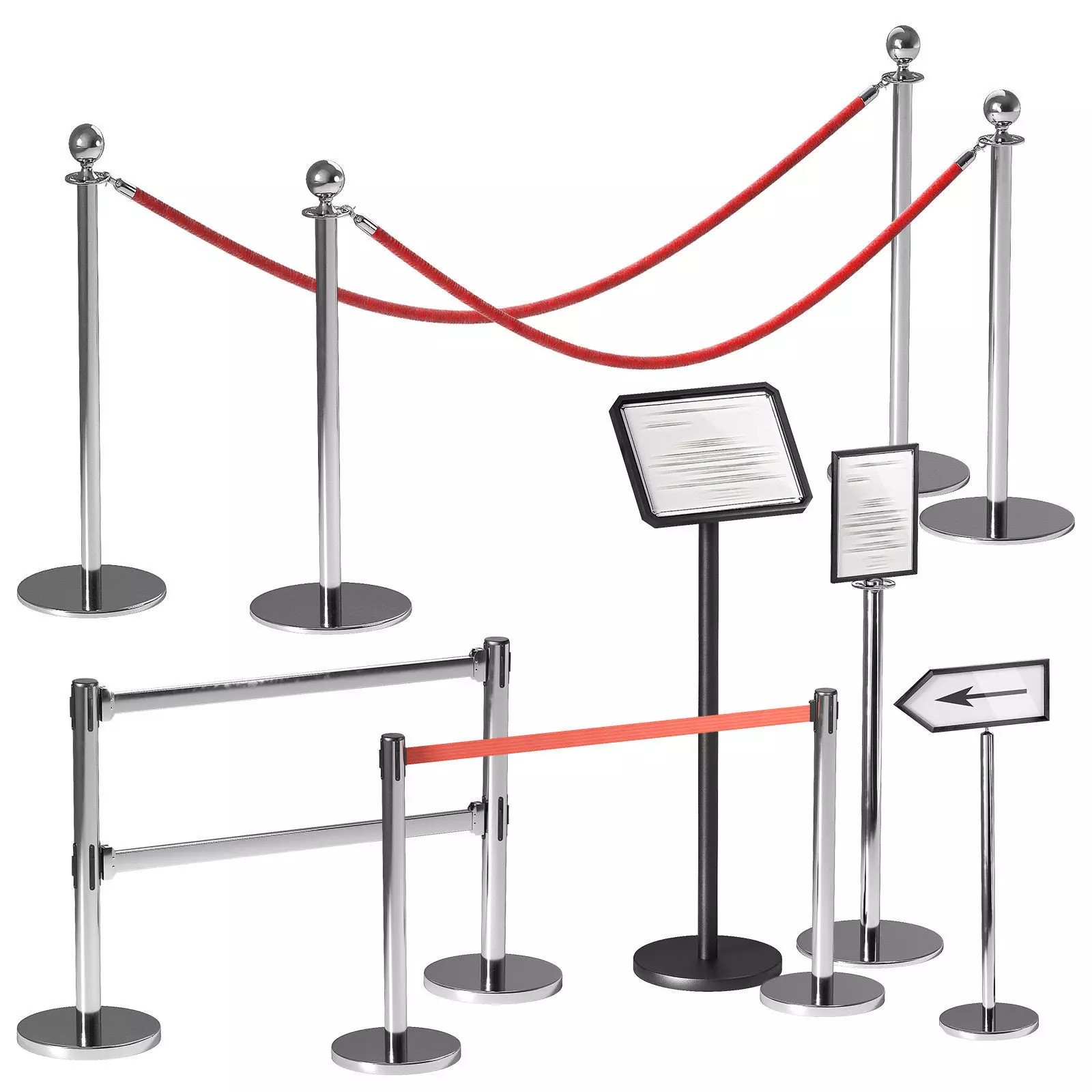 Crowd barrier velvet rope stanchion and signs 3D model_0