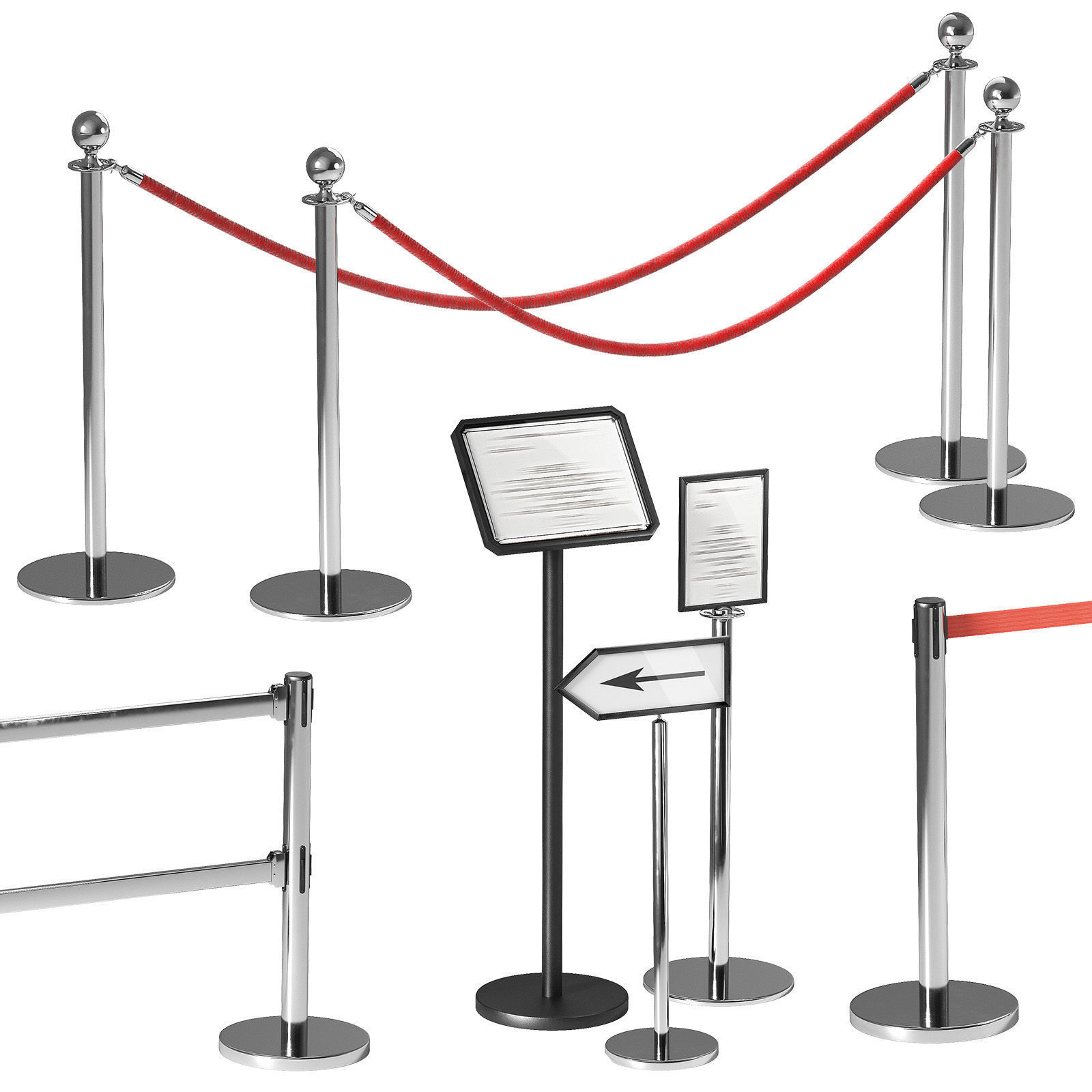 Crowd barrier velvet rope stanchion and signs 3D model_9