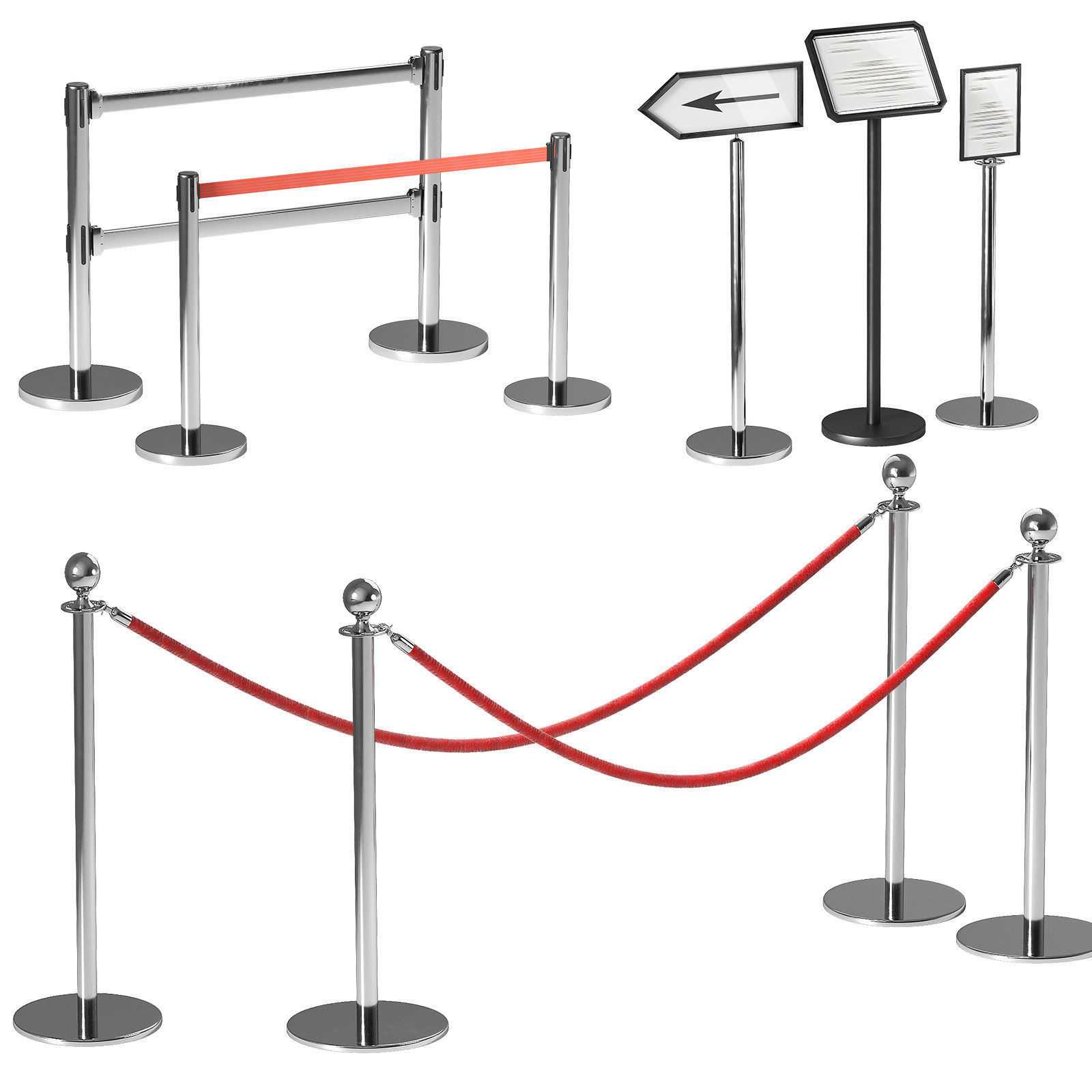 Crowd barrier velvet rope stanchion and signs 3D model_8