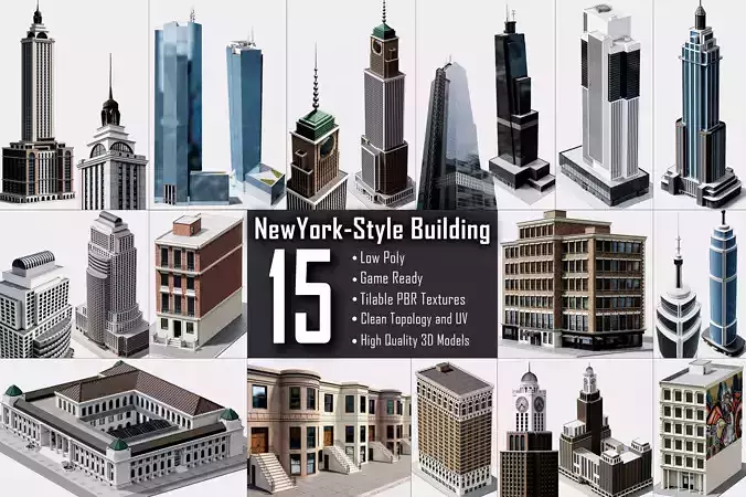 15 Newyork Building Collection-lowpoly 3D Model