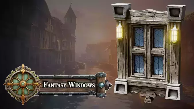 Fantasy Medieval Stylized Window Castle Wood Glass with Lanterns Low-poly 3D model
