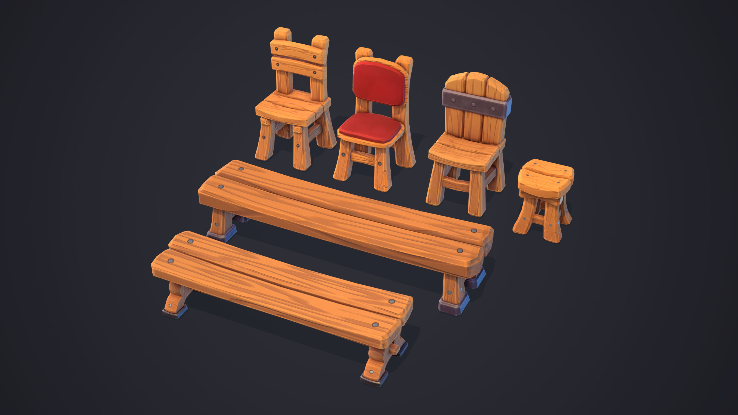 Stylized Chairs - Gameready and Lowpoly Prop Set Low-poly 3D model_2