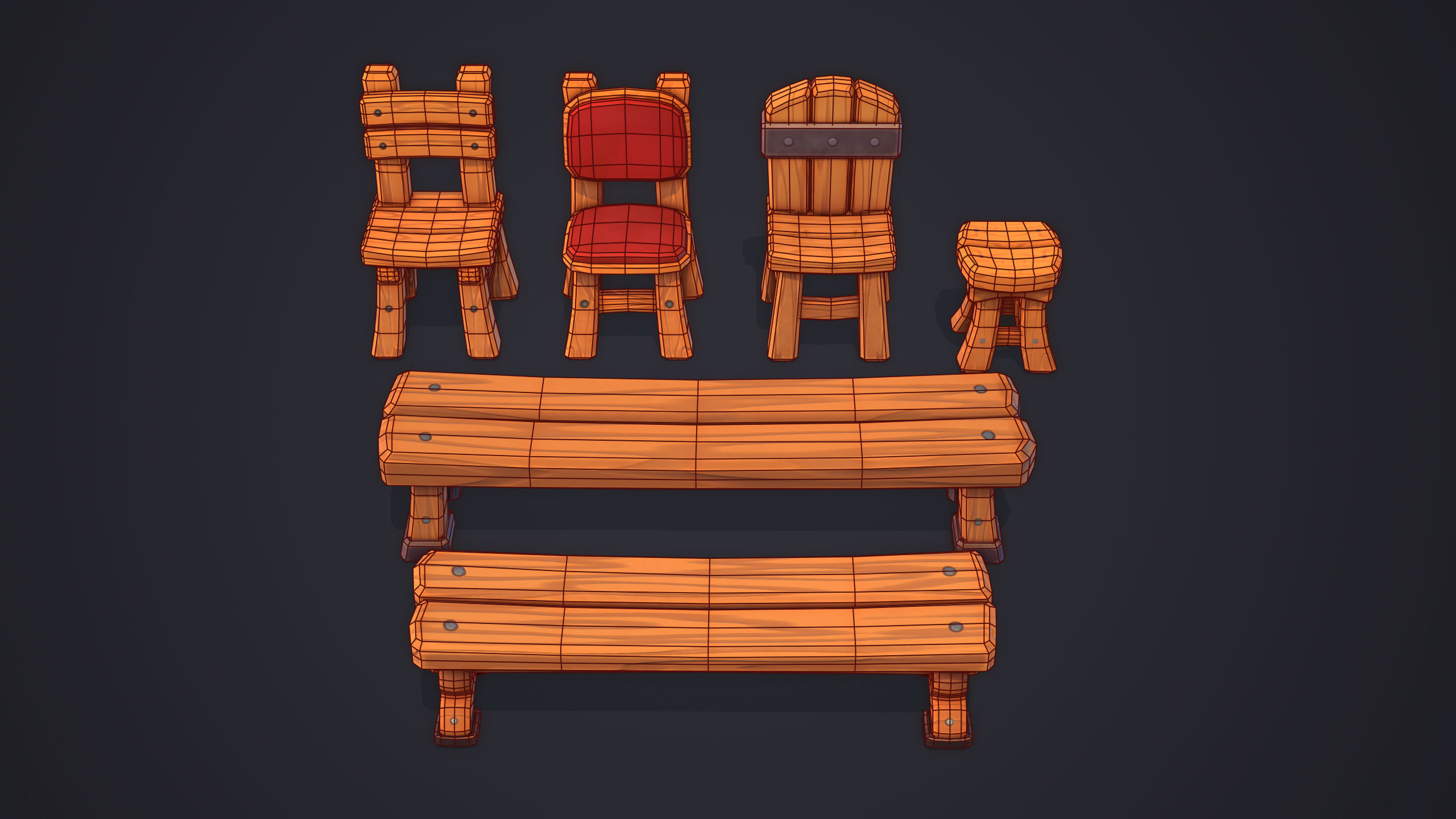 Stylized Chairs - Gameready and Lowpoly Prop Set Low-poly 3D model_5
