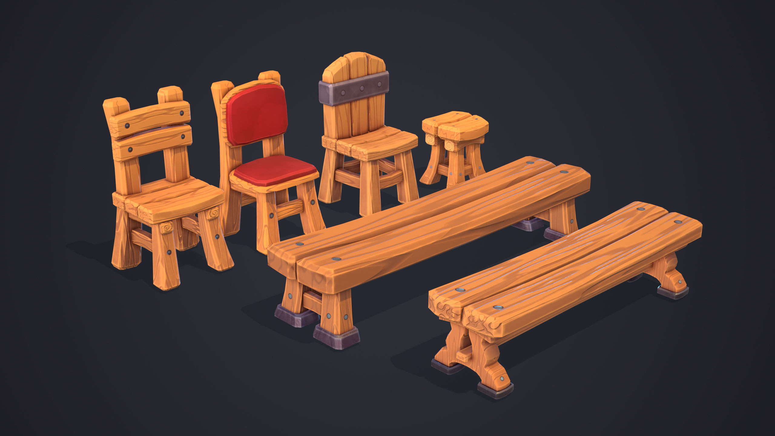 Stylized Chairs - Gameready and Lowpoly Prop Set Low-poly 3D model_4