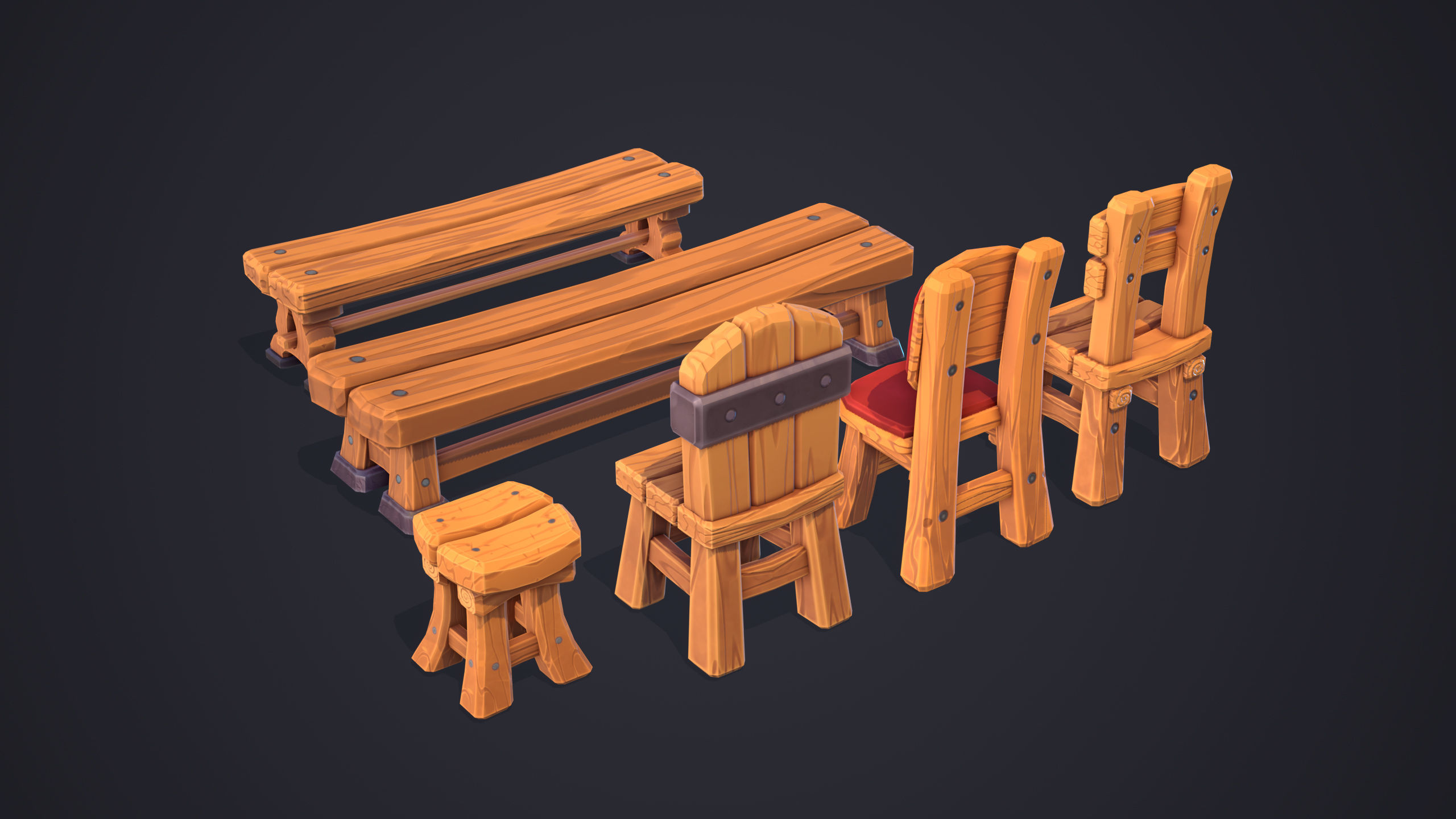 Stylized Chairs - Gameready and Lowpoly Prop Set Low-poly 3D model_3