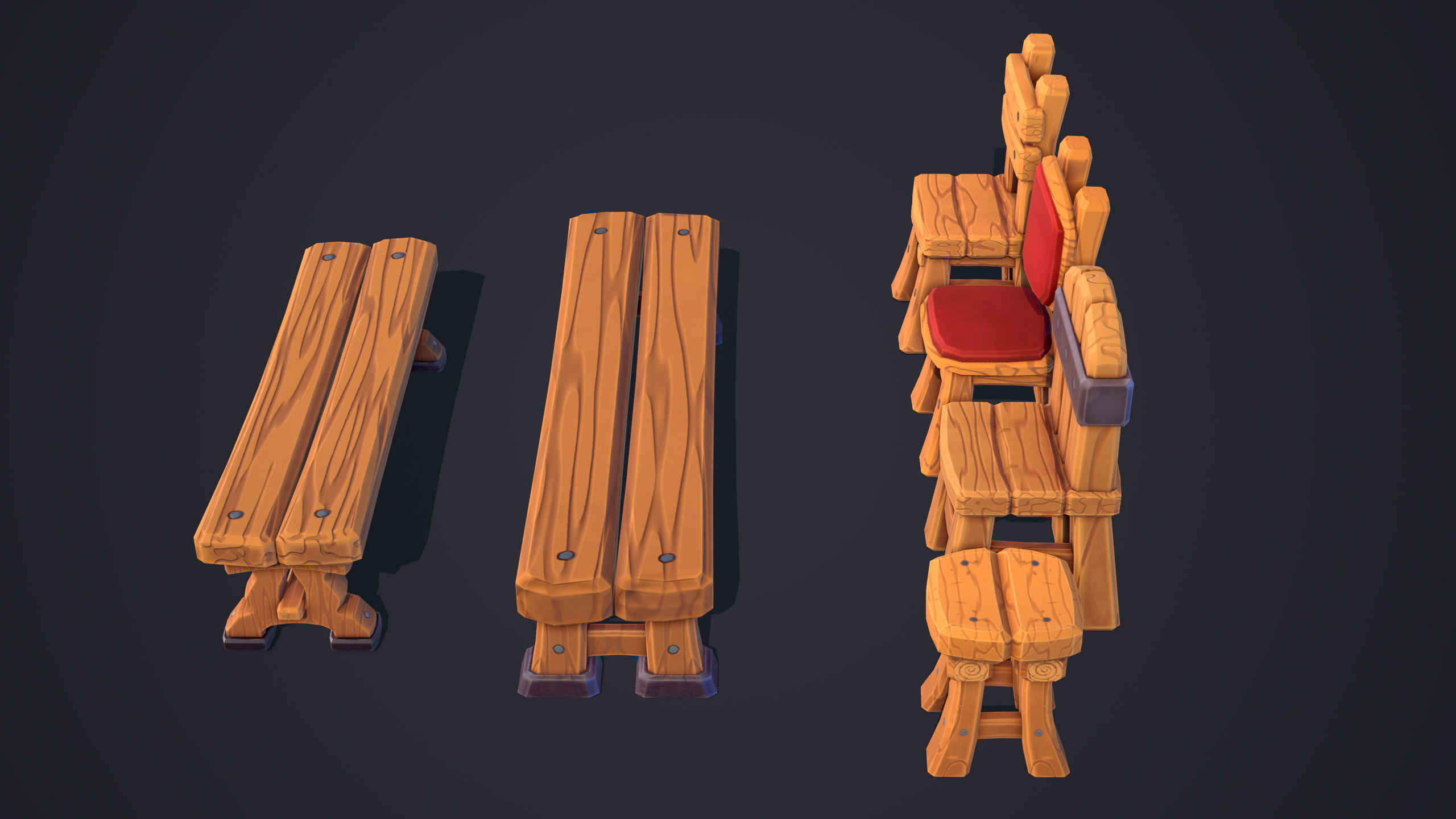 Stylized Chairs - Gameready and Lowpoly Prop Set Low-poly 3D model_6