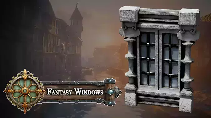 Fantasy Medieval Stylized Window - Stone Pillars and Iron Bars 3D model