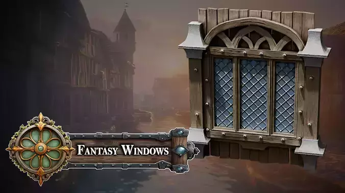 Fantasy Medieval Stylized Window - Arched Stone and Wood Frame 3D model