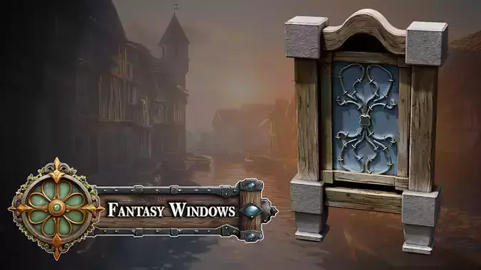 Fantasy Medieval Stylized Window Ornate Wooden Frame Metal Inlay 3D model