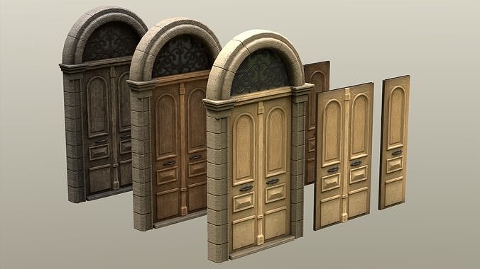 Entrance Wooden Double Door realistic with window Low-poly 3D model