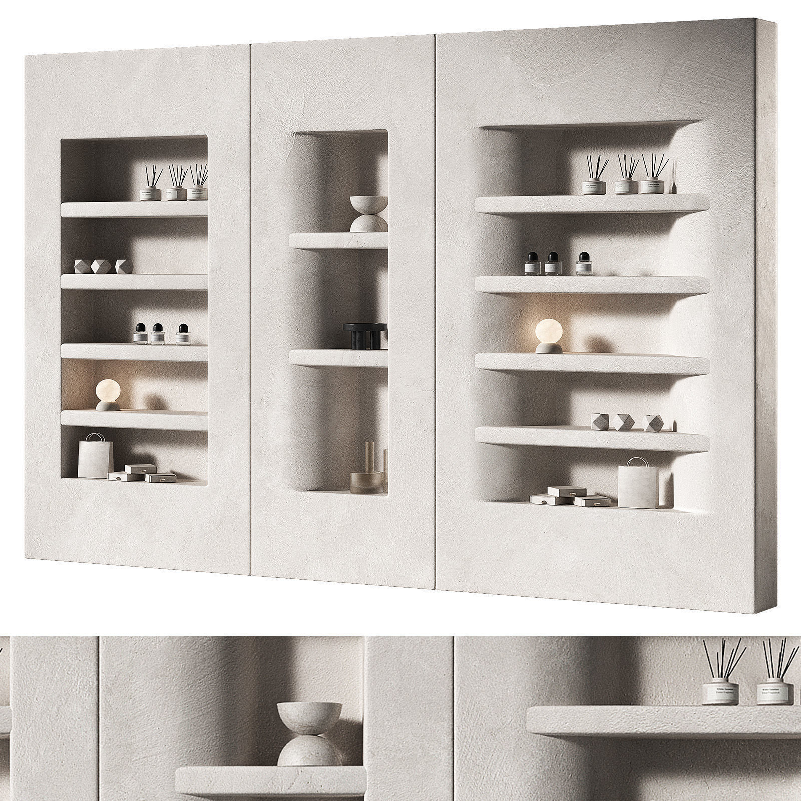 Niche wall shelving with decor Rack showcase 3D model_4