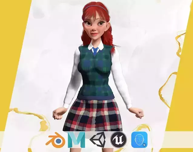 School Girl uniform suit stylized realism Low-poly 3D model